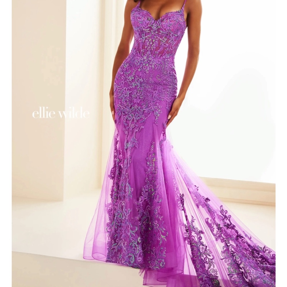 4 Ellie Wilde Vibrant Purple Embroidered Prom Dress style 36069